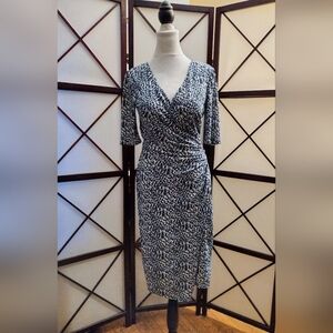 Ann Taylor Faux Wrap Midi Dress - Black Blue White Abstract Pattern - XS